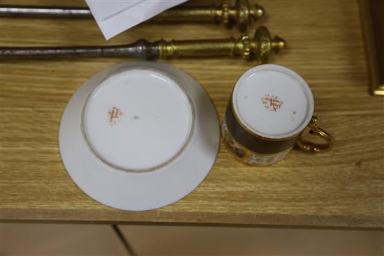 Four gilt decorated cabinet cups and saucers, a floral encrusted pot, height 15cm and two busts on stands